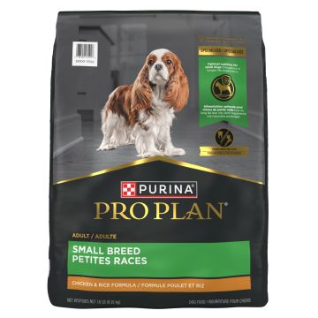 Purina Pro Plan Small Breed Shredded Blend chicken and rice dry dog food.