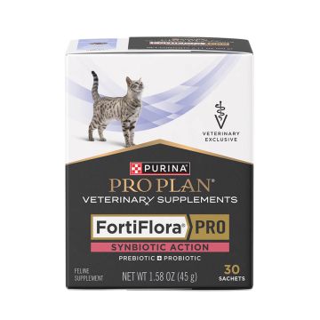 A box of Purina Pro Plan Veterinary Supplements FortiFlora PRO Synbiotic Action Prebiotic Probiotic supplement for cats.