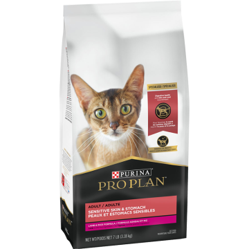 A bag of Purina Pro Plan sensitive skin and stomach dry cat food.