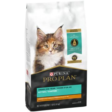 A bag of Purina Pro Plan Chicken & Rice dry kitten food.