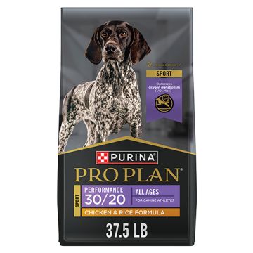 A bag of Purina Pro Plan Veterinary Diets Adult Performance 30/20 Chicken & Rice Formula dry dog food.