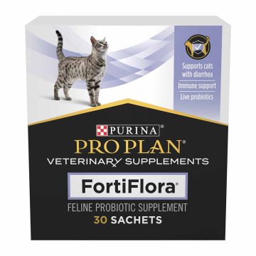 A 30 sachet box of Purina Pro Plan Veterinary Supplements FortiFlora feline probiotic supplement.