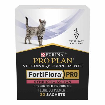 A box of Purina Pro Plan Veterinary Supplements FortiFlora PRO Synbiotic Action Prebiotic Probiotic supplement for cats.