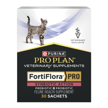 A Box of 30 Sachets of Pro Plan Veterinary Supplements FortiFlora Synbiotic Action Feline Health Supplement.