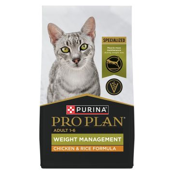 A bag of Pro Plan Adult Weight Management Chicken and Rice Dry Cat Food.