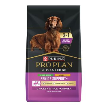 A bag of Pro Plan AdvantEDGE 3 in 1 Senior Support Small Breed Chicken and Rice dry dog food.