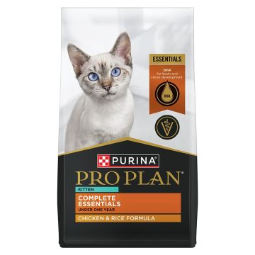 A 7 pound bag of Pro Plan Complete Essentials chicken and rice formula dry kitten food for cats under one year