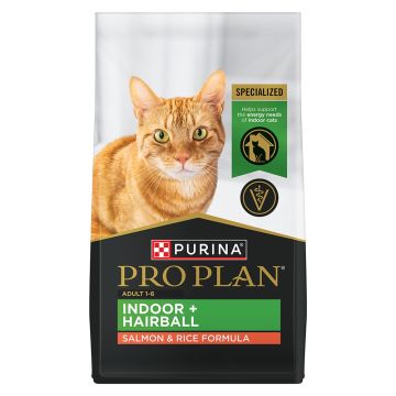 A bag of Purina Pro Plan Indoor Hairball salmon and rice dry cat food.