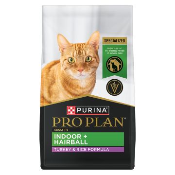 A 7 pound bag of Pro Plan Indoor Plus Hairball turkey and rice formula dry cat food