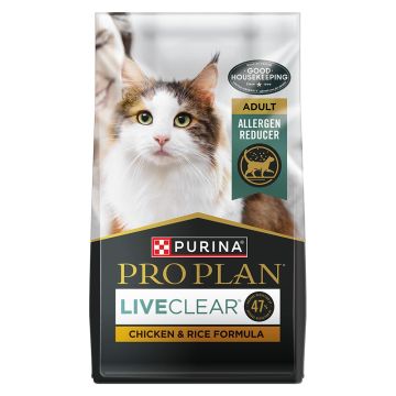 A bag of Pro Plan LiveClear allergen reducing chicken and rice adult dry cat food.