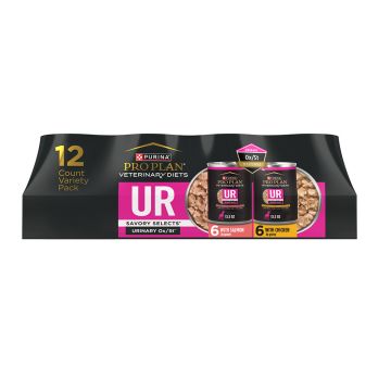 Purina Pro Plan Veterinary Diets UR urinary support chicken and salmon dog food variety 12 pack.