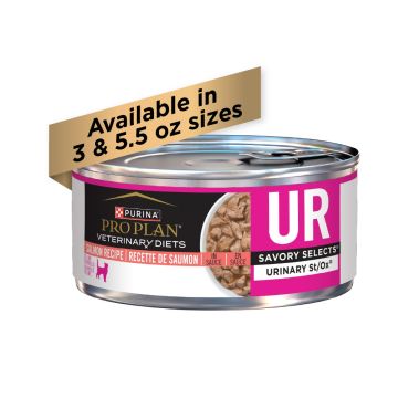 A can of Purina Pro Plan Veterinary Diets UR Urinary St/Ox Savory Selects salmon wet cat food.