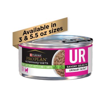 A can of Purina Pro Plan Veterinary Diets UR Urinary St/Ox Savory Selects turkey wet cat food.