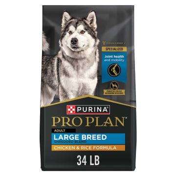 34 lb. bag of Purina Pro Plan Large Breed Shredded Blend chicken and rice dry dog food