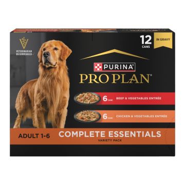 12 count Purina Pro Plan Complete Essentials Chicken and Vegetables and Beef and Vegetables in gravy wet dog food variety pack.