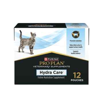 Purina Pro Plan Veterinary Supplements Hydra Care feline hydration supplement box with cat image; 12 pouches, supports hydration and urinary health.