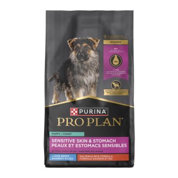 A bag of Purina Pro Plan Sensitive Skin and Stomach Puppy Large Breed Salmon and Rice Formula.