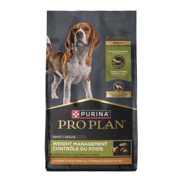 A bag of Purina Pro Plan Specialized Weight Management Shredded Blend chicken and rice formula dry dog food.