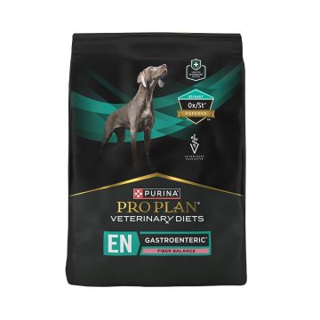 Purina Pro Plan Veterinary Diets EN Gastroenteric Fiber Balance Canine Formula dry dog food bag with Urinary Ox/St Defense badge.