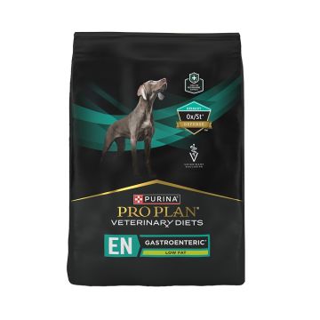Purina Pro Plan Veterinary Diets EN Gastroenteric Low Fat Canine Formula dry dog food bag with Urinary Ox/St Defense badge.