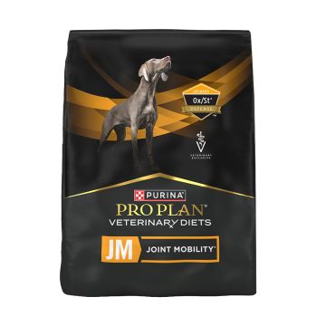 Purina Pro Plan Veterinary Diets JM Joint Mobility Canine Formula dry dog food bag with Urinary Ox/St Defense badge.