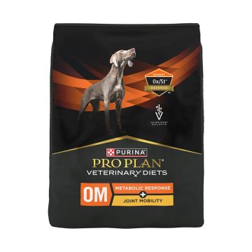 Purina Pro Plan Veterinary Diets OM Metabolic Response + Joint Mobility Canine Formula dry dog food bag with Urinary Ox/St Defense badge.