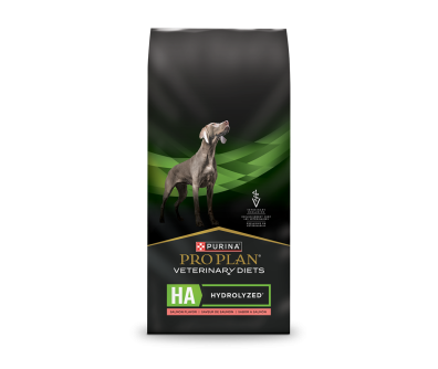 A bag of Purina Pro Plan Veterinary Diets HA Hydrolyzed salmon dry dog food.