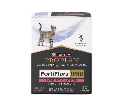 A Box of 30 Sachets of Pro Plan Veterinary Supplements FortiFlora Synbiotic Action Feline Health Supplement.
