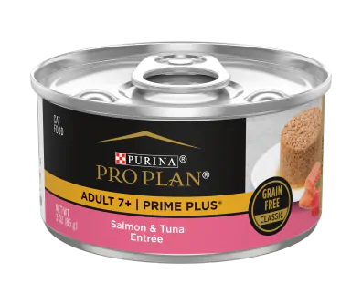 A can of Purina Pro Plan Adult 7+ Prime Plus Salmon & Tuna grain free senior wet cat food.