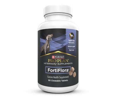 A bottle of 90 Chewable Tablets of Pro Plan Veterinary Supplements FortiFlora Canine Health Supplement.