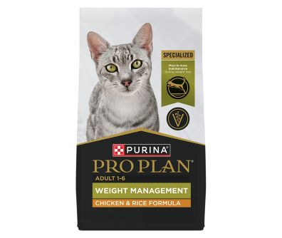 A bag of Pro Plan Adult Weight Management Chicken and Rice Dry Cat Food.