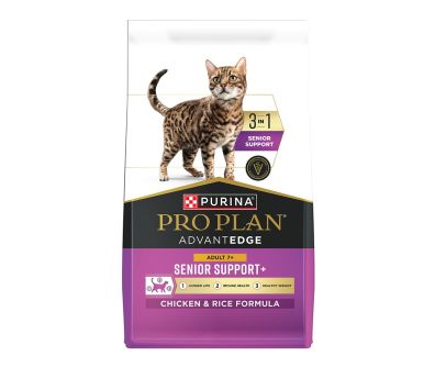 A bag of Pro Plan AdvantEDGE 3 in 1 Senior Support Chicken and Rice dry cat food.