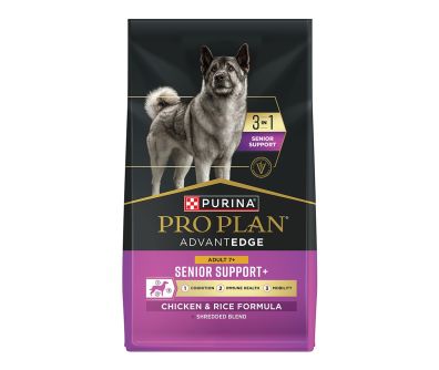 A bag of Pro Plan AdvantEDGE 3 in 1 Senior Support Adult Chicken and Rice dry dog food.