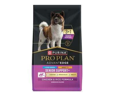 A bag of Pro Plan AdvantEDGE 3 in 1 Senior Support Large Breed Chicken and Rice dry dog food.