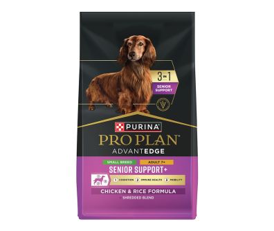 A bag of Pro Plan AdvantEDGE 3 in 1 Senior Support Small Breed Chicken and Rice dry dog food.