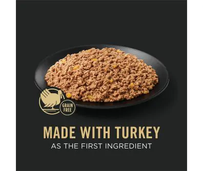 Dog food package label highlighting Made with Turkey as the First Ingredient