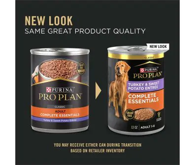 New Purina Pro Plan Complete Essentials grain free turkey and sweet potato wet dog food packaging