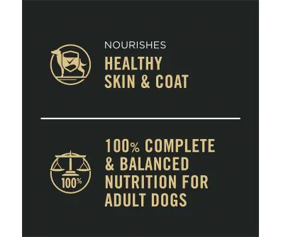 Dog food package label highlighting Healthy Skin and Coat and Complete and Balanced Nutrition