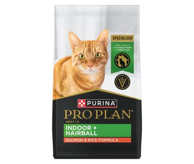A bag of Purina Pro Plan Indoor Hairball salmon and rice dry cat food.