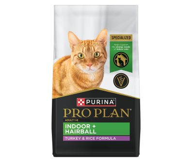 A 7 pound bag of Pro Plan Indoor Plus Hairball turkey and rice formula dry cat food