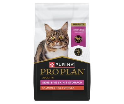 Pro Plan Adult Sensitive Skin & Stomach Salmon & RiceFormula dry cat food bag.