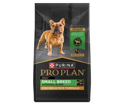 18 pound bag of Purina Pro Plan Small Breed Shredded Blend chicken and rice dry dog food.