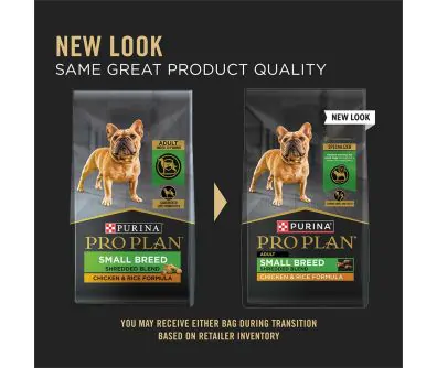 New updated packaging for Purina Pro Small Breed Shredded Blend chicken and rice dry dog food