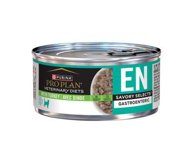 Purina Pro Plan Veterinary Diets EN Savory Selects Gastroenteric Turkey wet cat food can.
