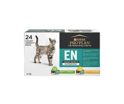 24 count box of Purina Pro Plan Veterinary Diets EN gastroenteric wet cat food variety pack.