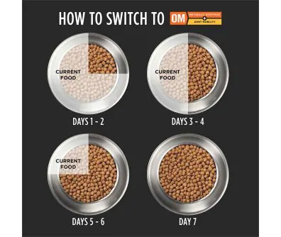 How to switch to Pro Plan Veterinary Diets OM Metabolic Response and Joint Mobility Dry Dog Food.