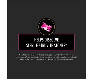 Pro Plan Veterinary Diets UR urinary support dog food helps dissolve sterile struvite stones.