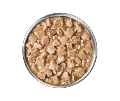 Purina Pro Plan Veterinary Diets UR urinary support chicken wet dog food in a bowl.