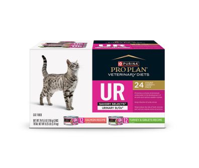 1) Pro Plan Veterinary Diets UR Savory Selects Urinary St/Ox Wet Cat Food 24 Count Variety Pack.

