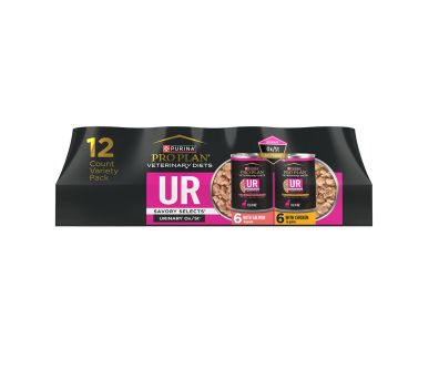 Purina Pro Plan Veterinary Diets UR urinary support chicken and salmon dog food variety 12 pack.